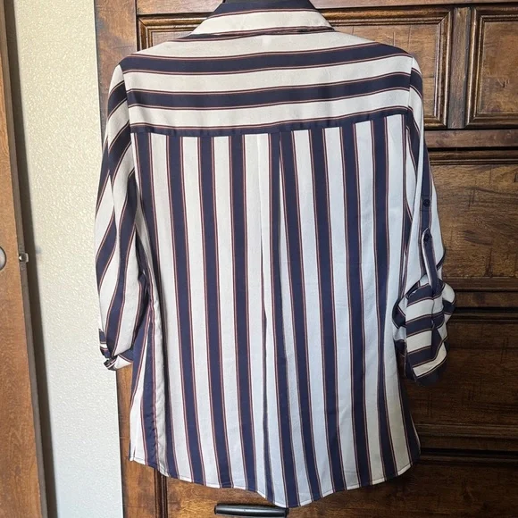 Express Navy White Striped Button Blouse  Work Casual Top| M - Picture 3 of 11